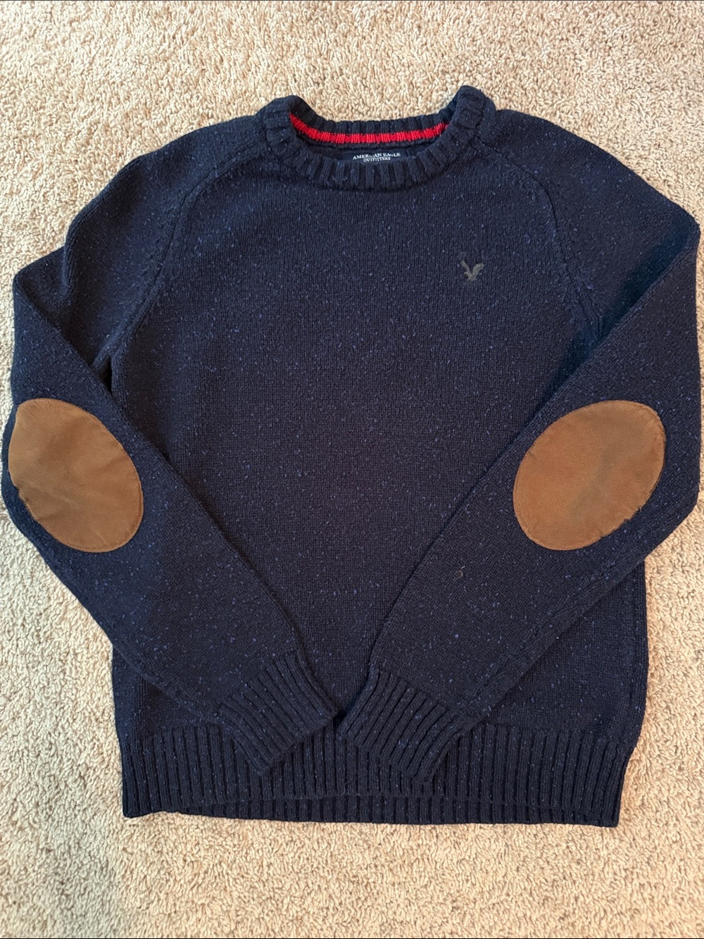 American Eagle Outfitters Navy Crewneck Sweater with Brown Elbow Patches
